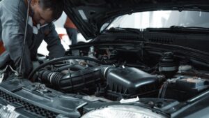 Mekanik memeriksa mesin mobil saat uji kebocoran freon AC
