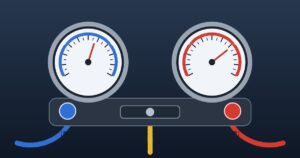 Manifold gauge dengan selang biru dan merah untuk membaca tekanan AC mobil