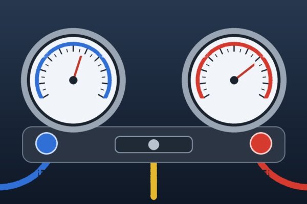 Manifold gauge dengan selang biru dan merah untuk membaca tekanan AC mobil